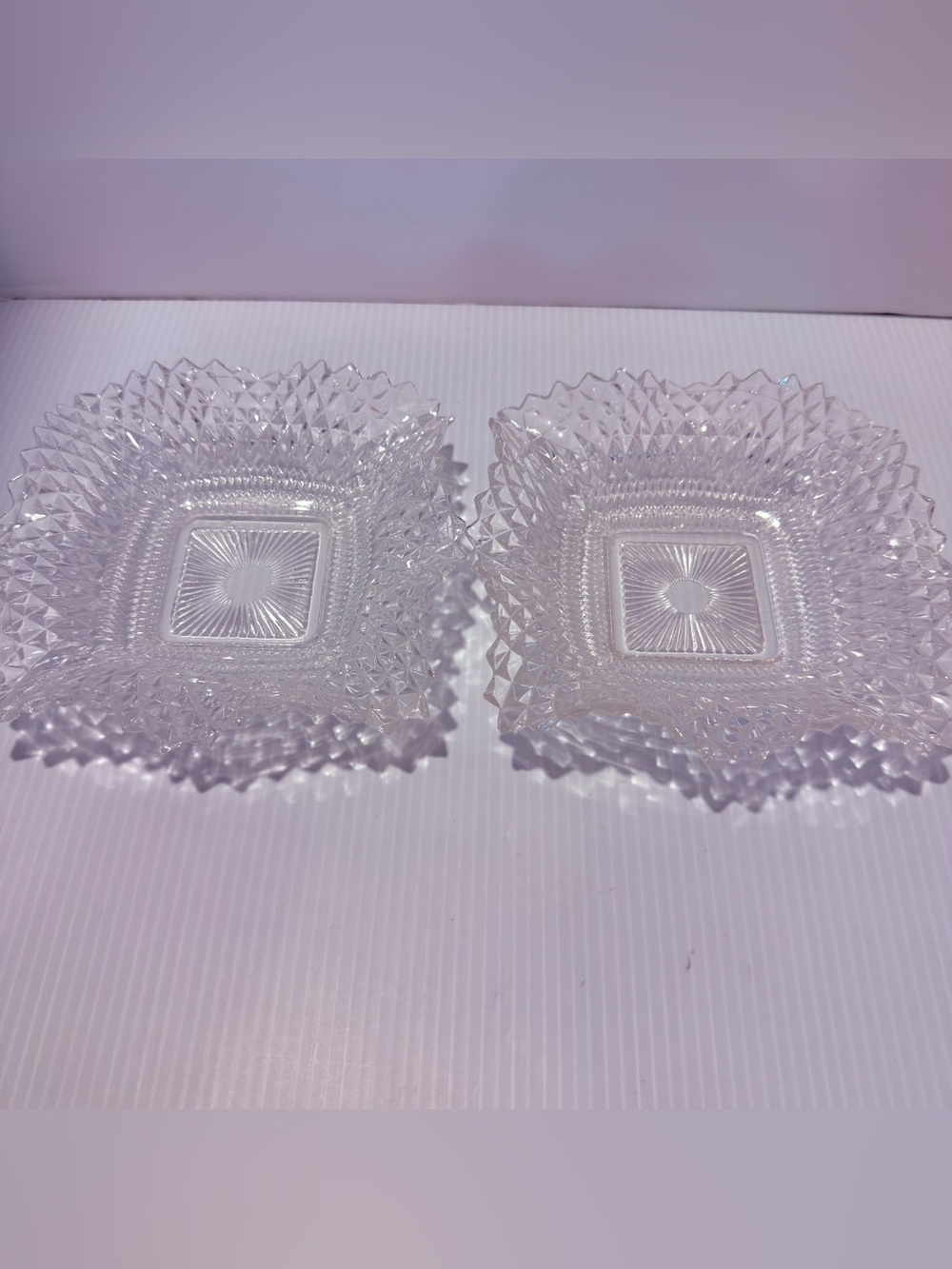 Vintage Indiana Glass Diamond Point Ruffle Edge x2